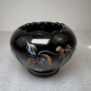Signed By CEO George W Fenton, Fenton Black Glass Rose Bowl Hand painted RARE